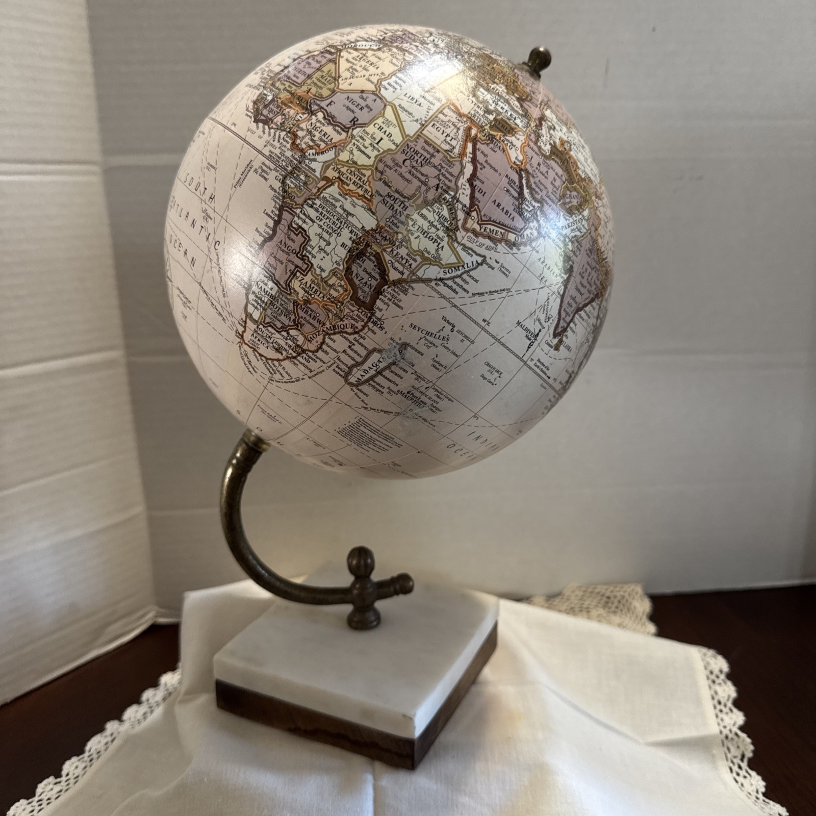 VTG Style Beige Tabletop Desk Globe Marble Wood  Base Political World 12" Tall