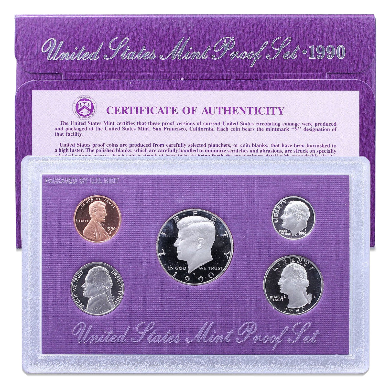 1990 S Proof Set Original Box & COA 5 Coins US Mint