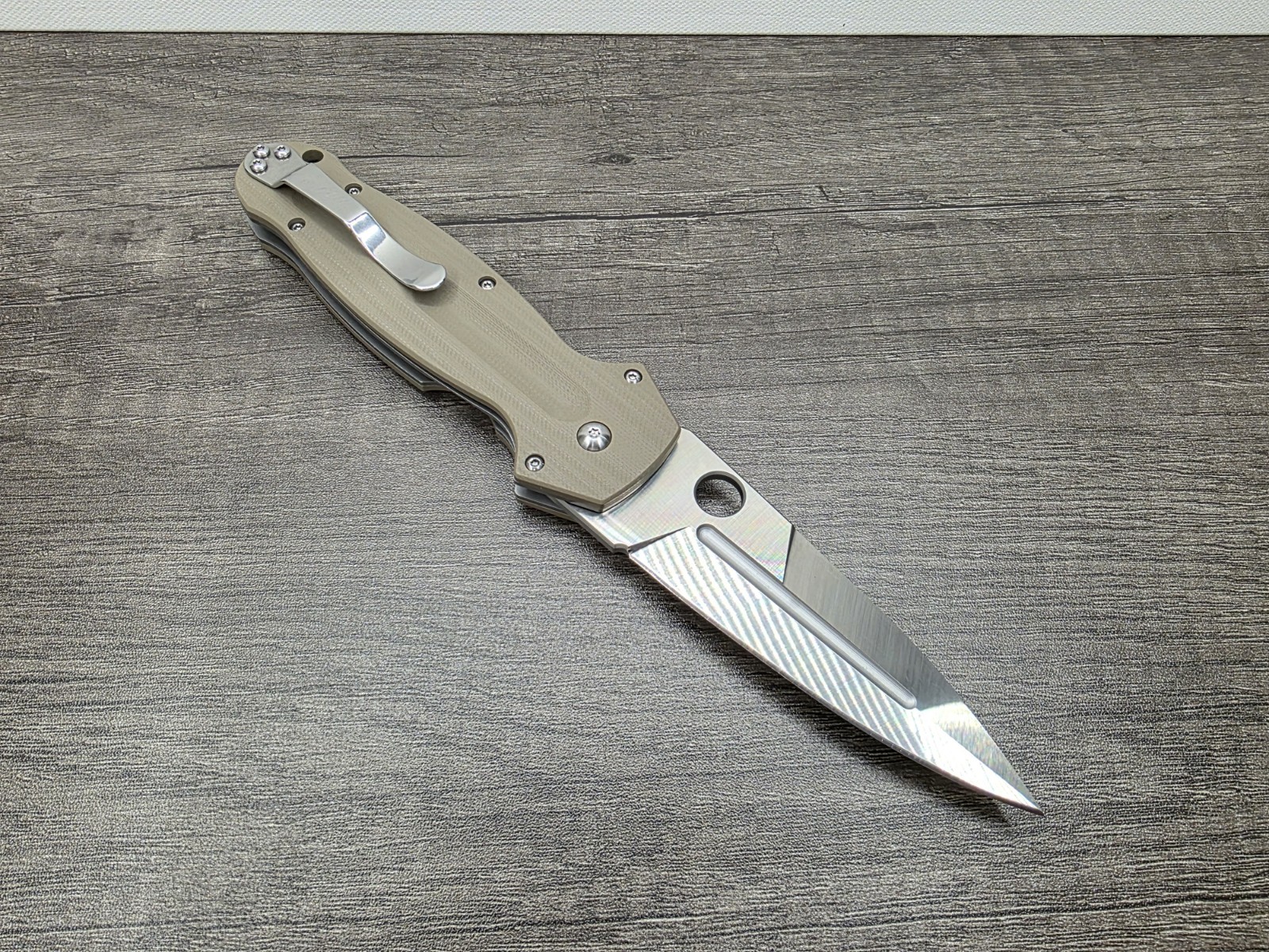 Unmarked 9" Spear Edge Folding Knife 8CR13MOV Steel & Tan G10 Handle
