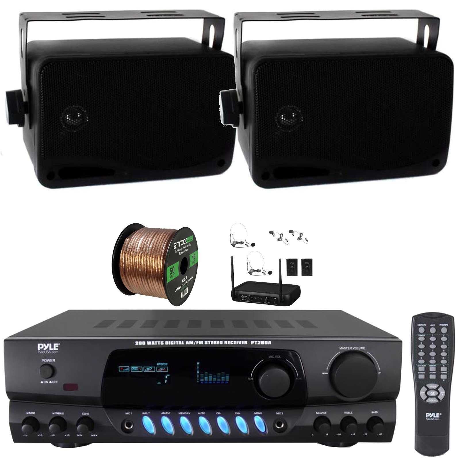 Pyle PT260A Home Digital Receiver, 2x 3.5'' 200W Max 3-Way Speakers, Mic System