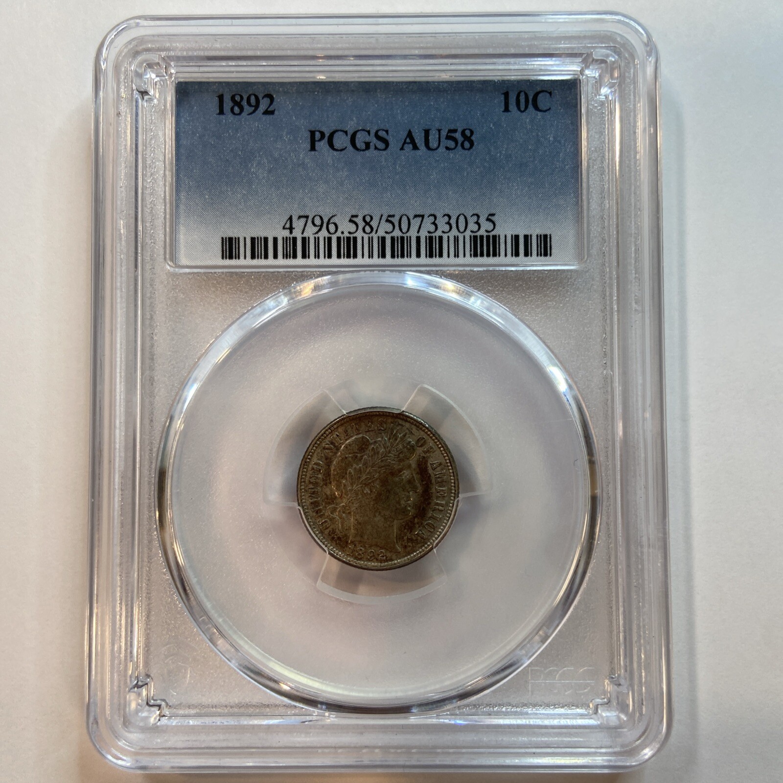 1892 Barber Dime 10c PCGS Certified AU58