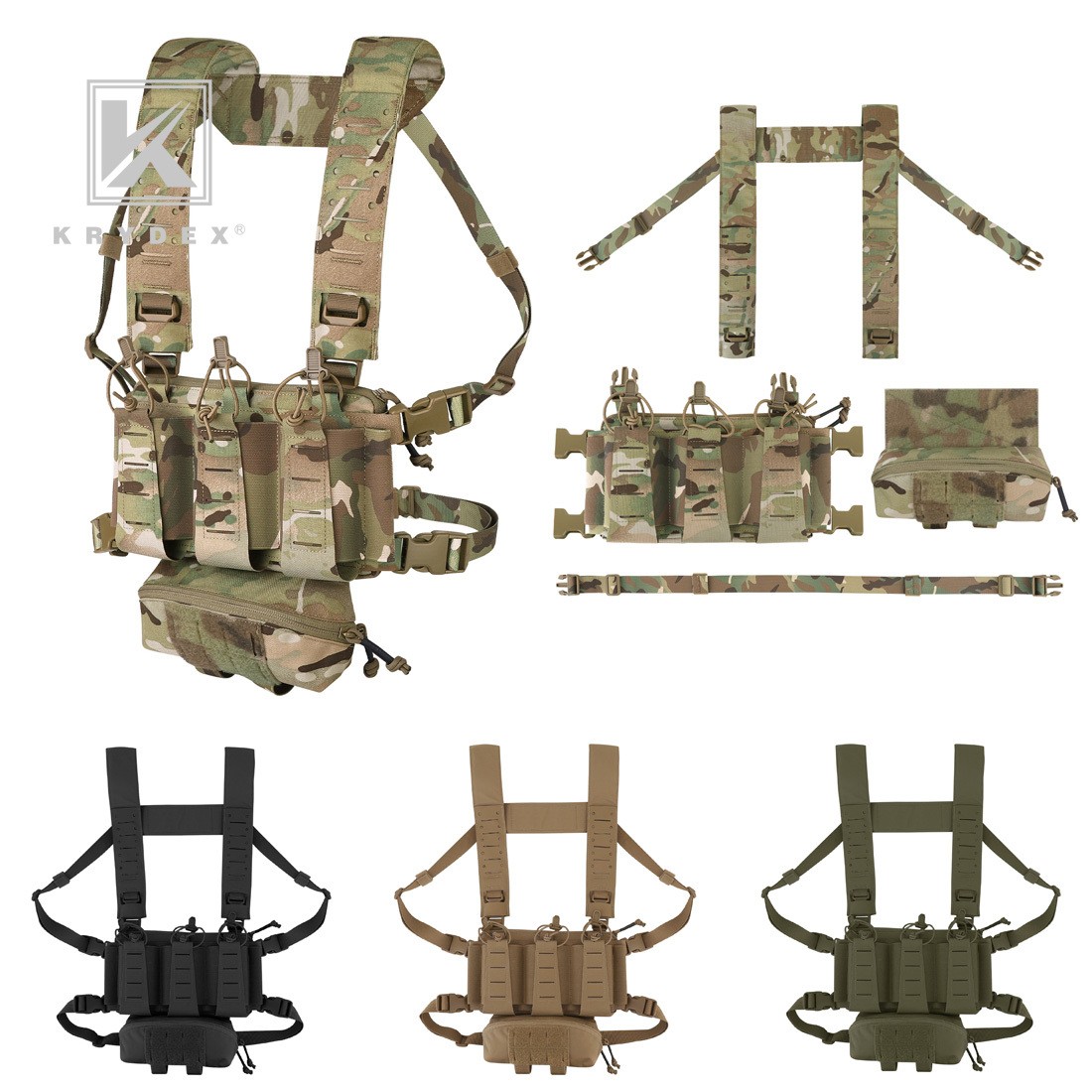 KRYDEX Tactical Chest Rig 5.56 Triple Elastic Magazine Pouch Placard H-harness