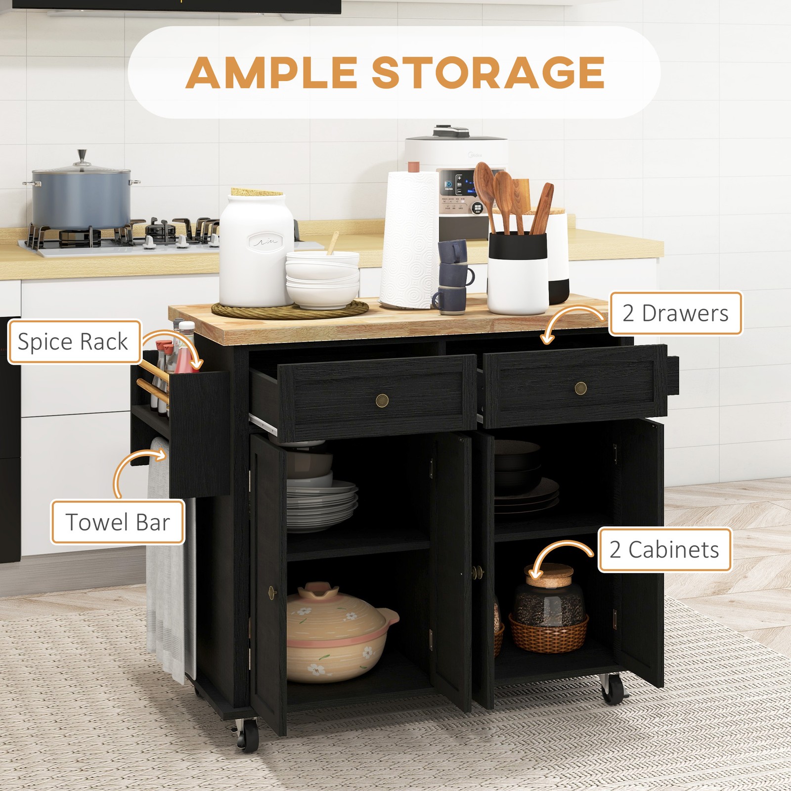 Modern Rolling Kitchen Island Cart with Spice Rack, Distressed Black