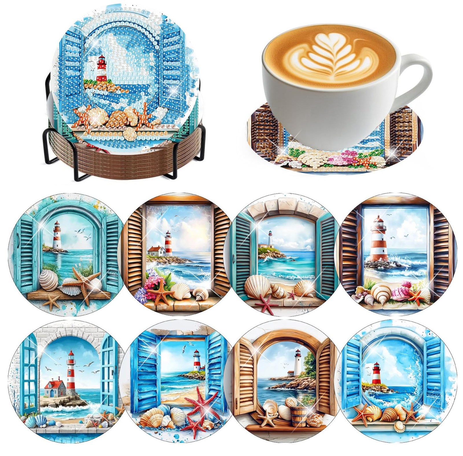 8 PCS Diamond Art Coasters Kits Lighthouse Painting 4x4in, MB234