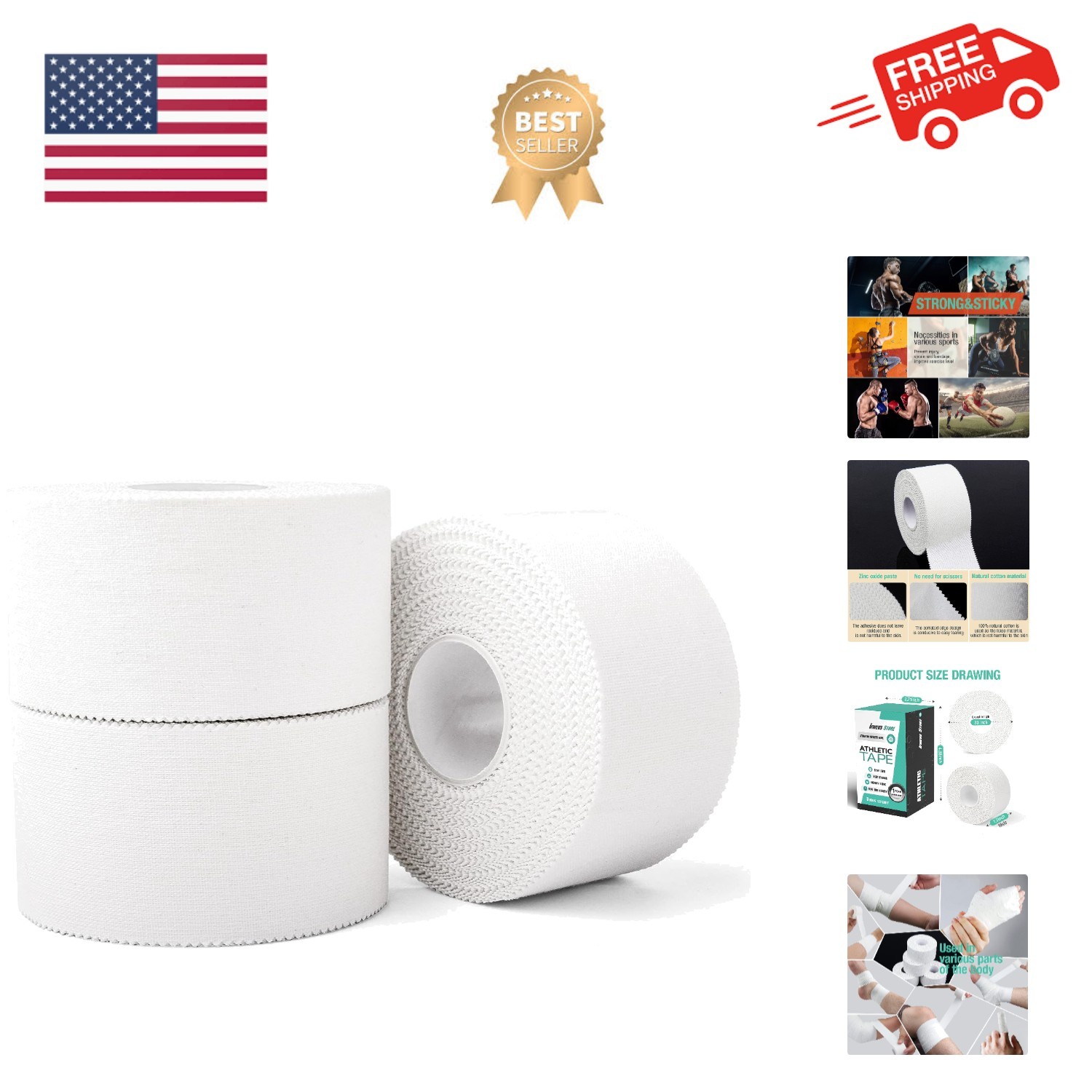 3 Pack White Athletic Sports Tape, Very Strong Easy Tear No Sticky Residue Ta...