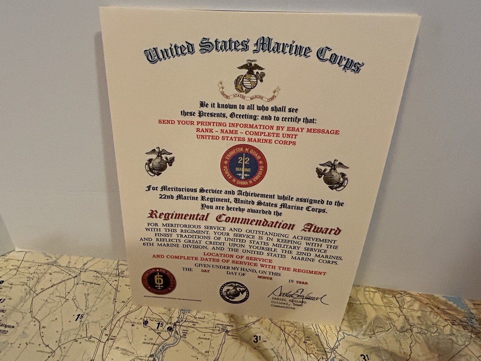 U.S.M.C. / 22ND MARINE REGIMENT - REGIMENTAL COMMENDATION AWARD CERTIFICATE