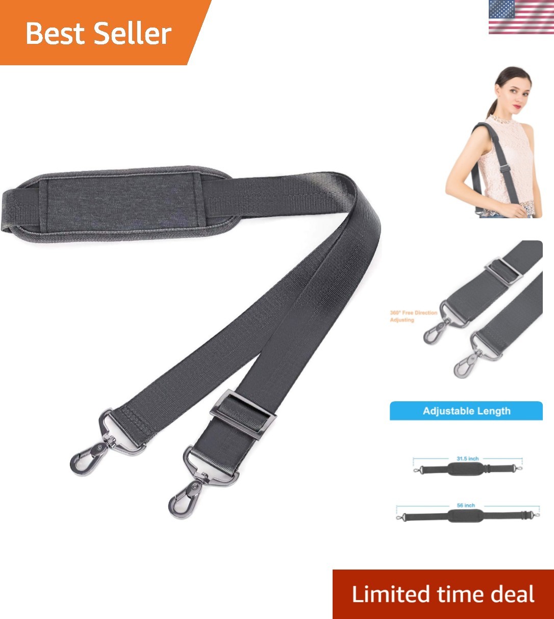 Universal 56 Inch Non-Slip Shoulder Strap with Metal Hooks - Perfect for Travel