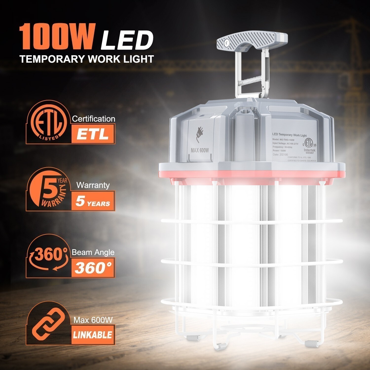 LED Temporary Work Light 100W (Equiv.400W) 5000K Jobsite Constraction Lighting