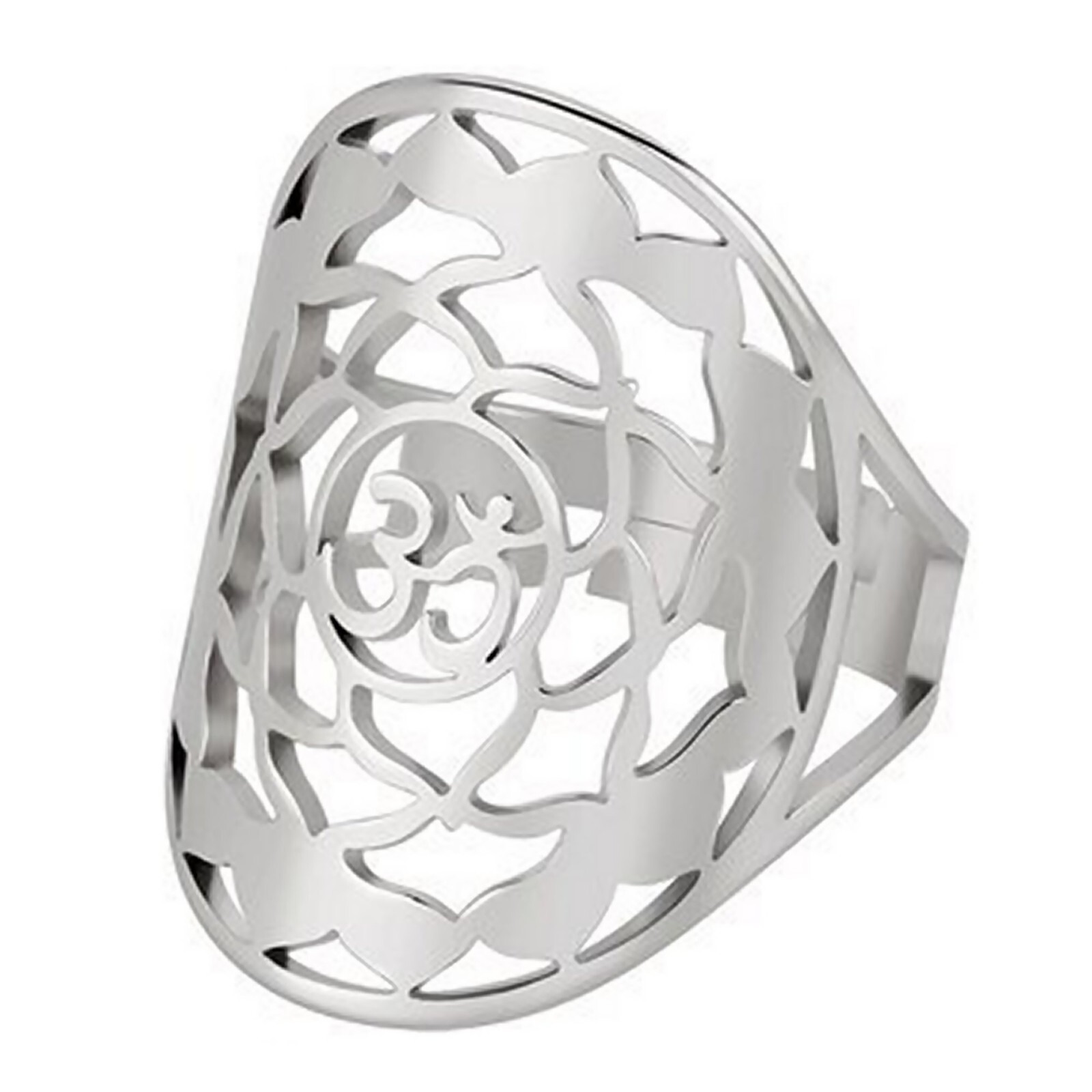 Aum Meditation Ring Silver Stainless Steel Lotus Flower Om Yoga Bohemian Band