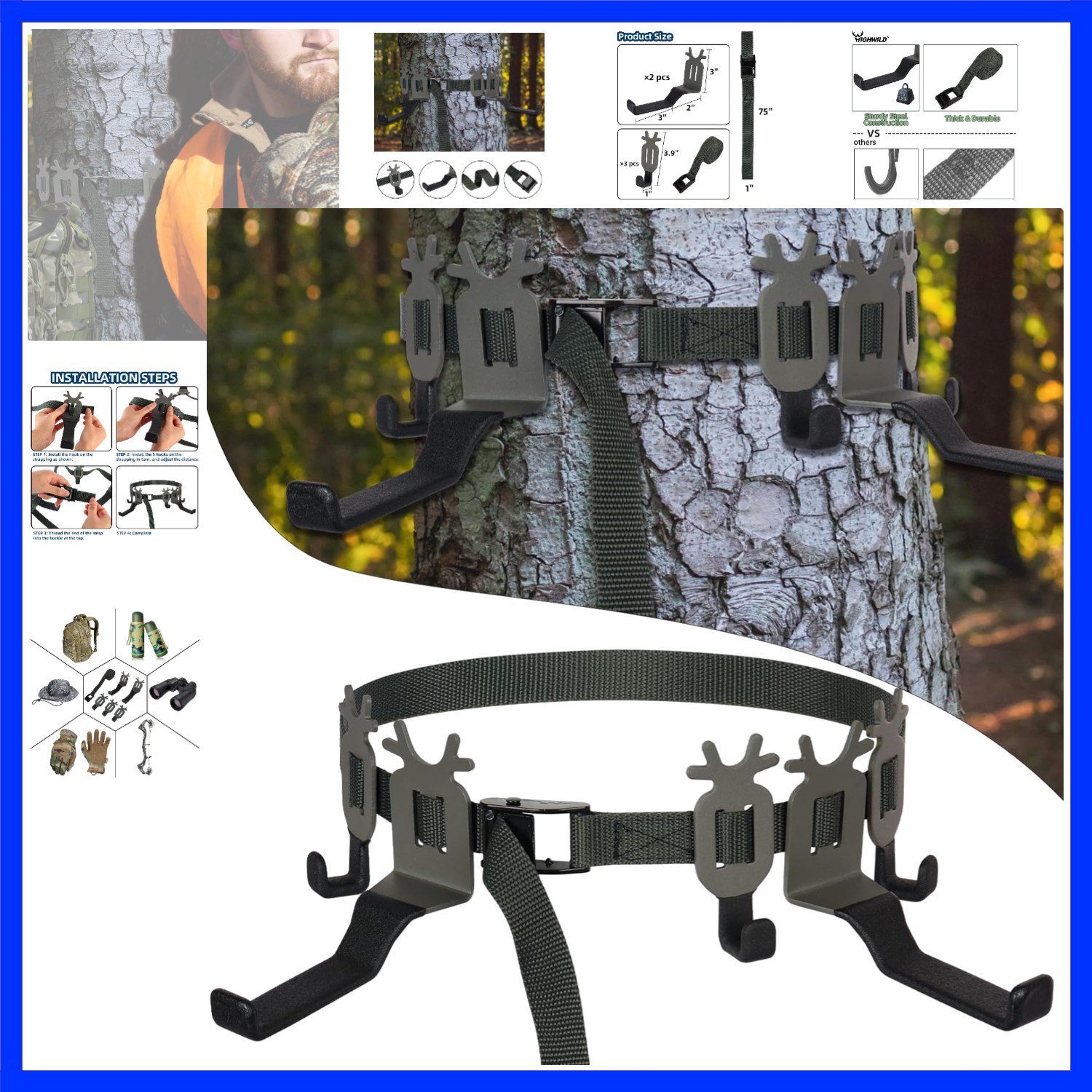 Treestand Strap Gear & Bow Hangers for Hunting Gears Bow - Multi-Hook Accesso...