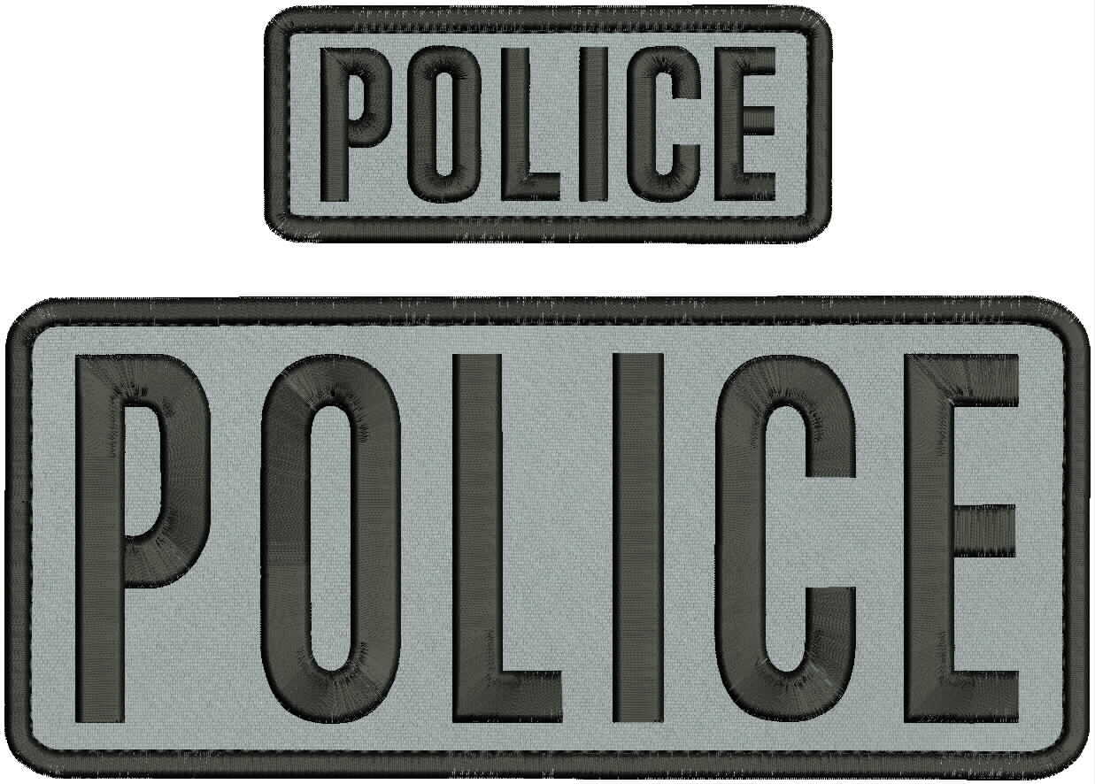 POLICE EMBROIDERY PATCHES 4X10 & 2X5 HOOK ON BACK  SILVER/BLACK