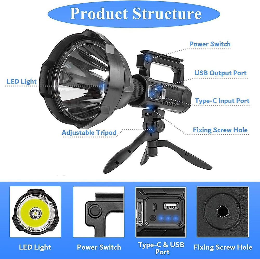 Rechargeable Spotlight 9000000 Lumens Handheld Hunting Flashlight Led Spot light