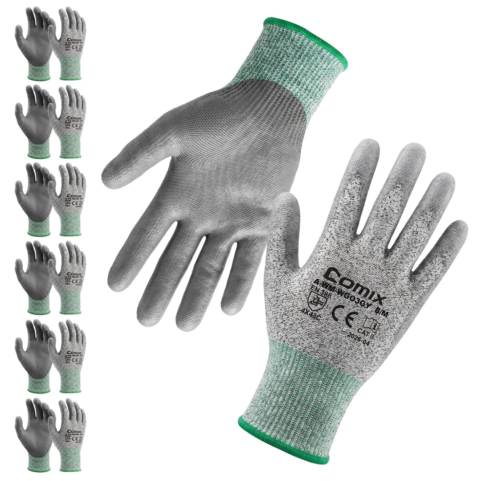Comix A3 Cut Resistant Gloves 6 Pairs, Flexible for Assembly & Medium, Gray