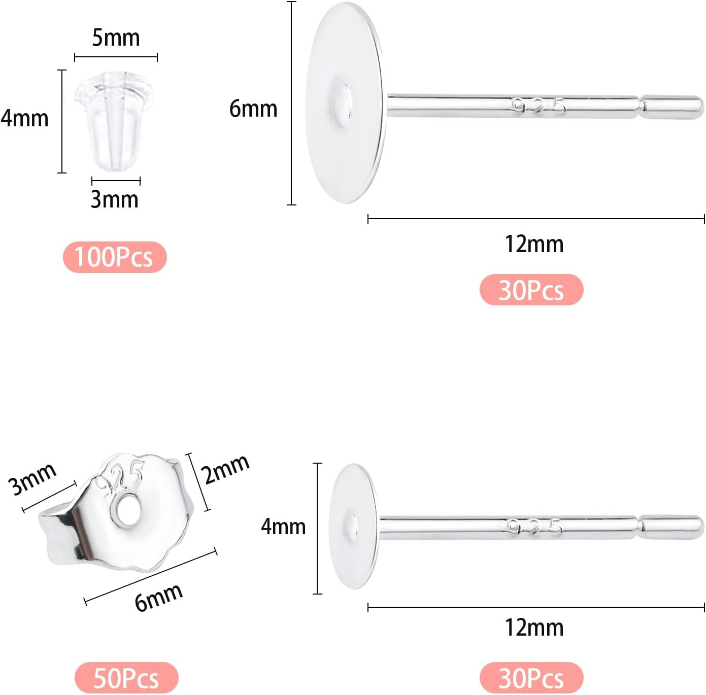 210Pcs Hypoallergenic Earring Backs & Posts - 925 Silver, Silver-Plated Coppe...