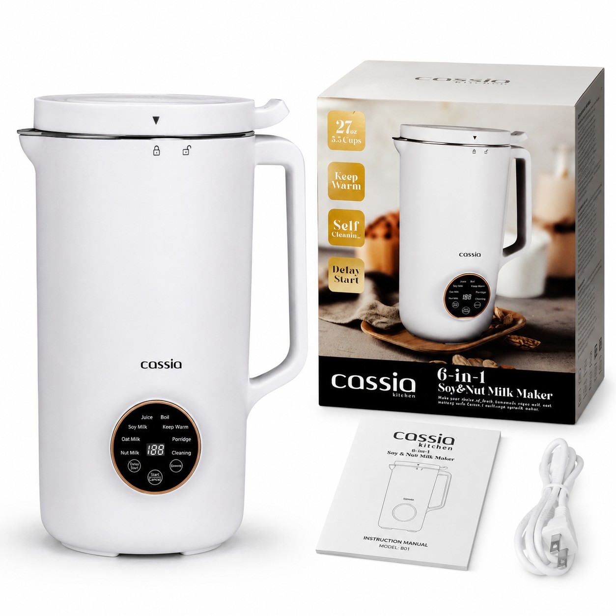 Cassia 6-in-1 Nut Milk Maker 27oz Soy Oat Milk Machine Self-Clean 12Hr Delay