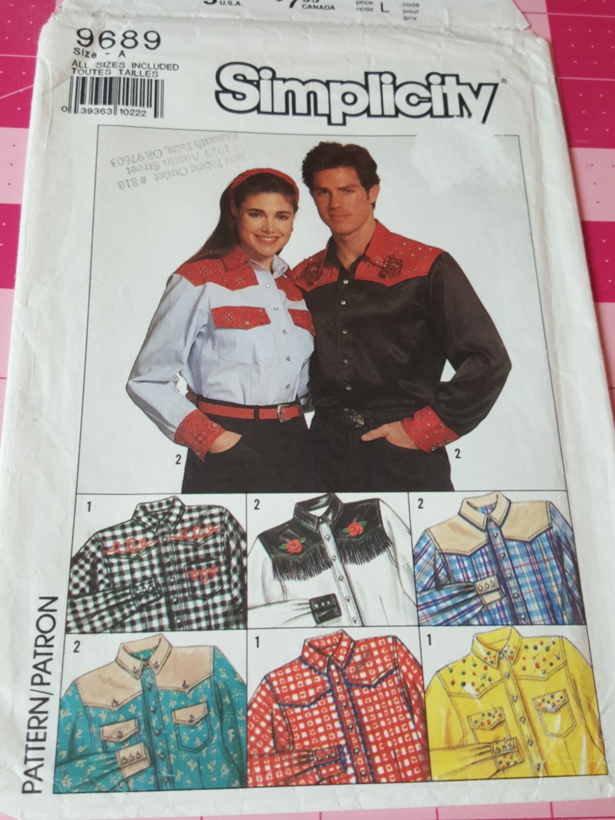 Vintage Simplicity Pattern 9689 Western Shirts Trim Options Unisex Sizes XS - XL