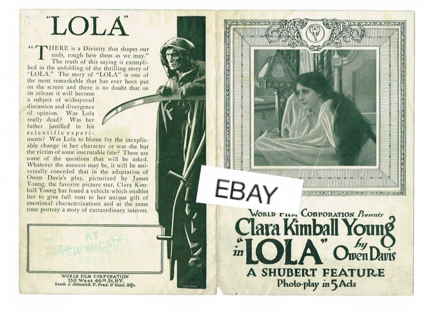 1914 LOLA ORIGINAL SILENT MOVIE HERALD SCI-FI RARE CLARA KIMBALL YOUNG