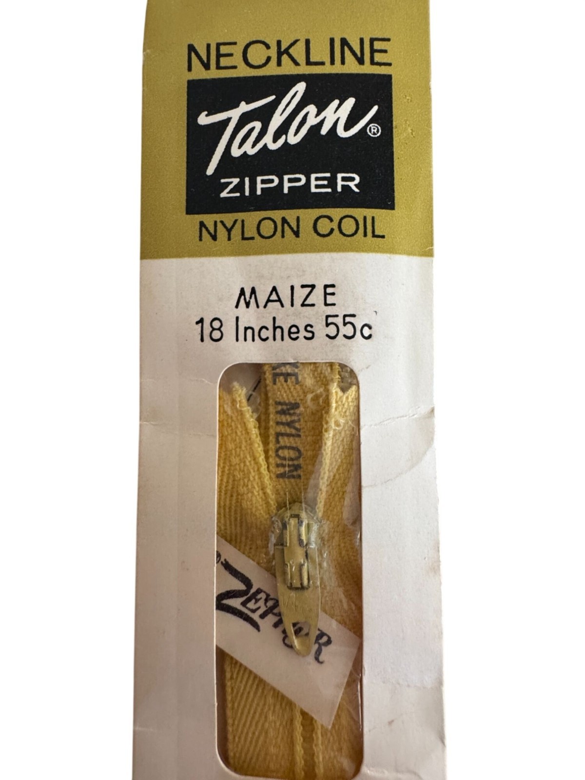 Talon Neckline Zipper Nylon Coil Maize Yellow 18 Inch Style 110-1 Sewing Vintage