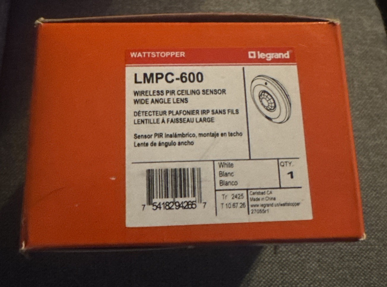 WattStopper Legrand LMPC-600 Wireless PIR Ceiling Sensor Wide Angle Lens *NEW*