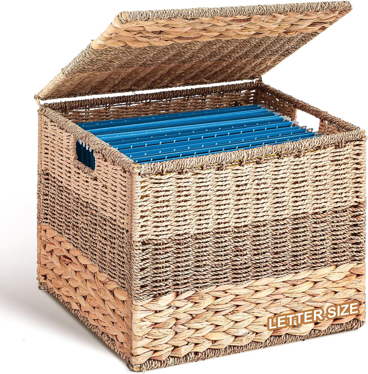 Wicker Seagrass File Box Organizer with Lid for Home Office - Tricolor Design