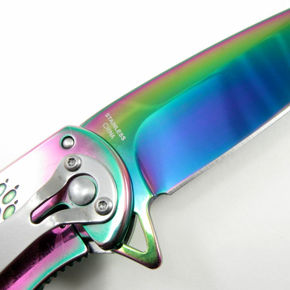 SPRING-ASSIST FOLDING POCKET KNIFE | Rainbow Blade Howling Wolf Tactical Hunter