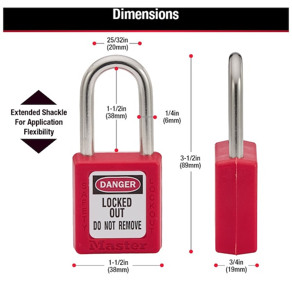 Master Lock 410Red Lockout Padlock, Keyed Different, Thermoplastic, Standard