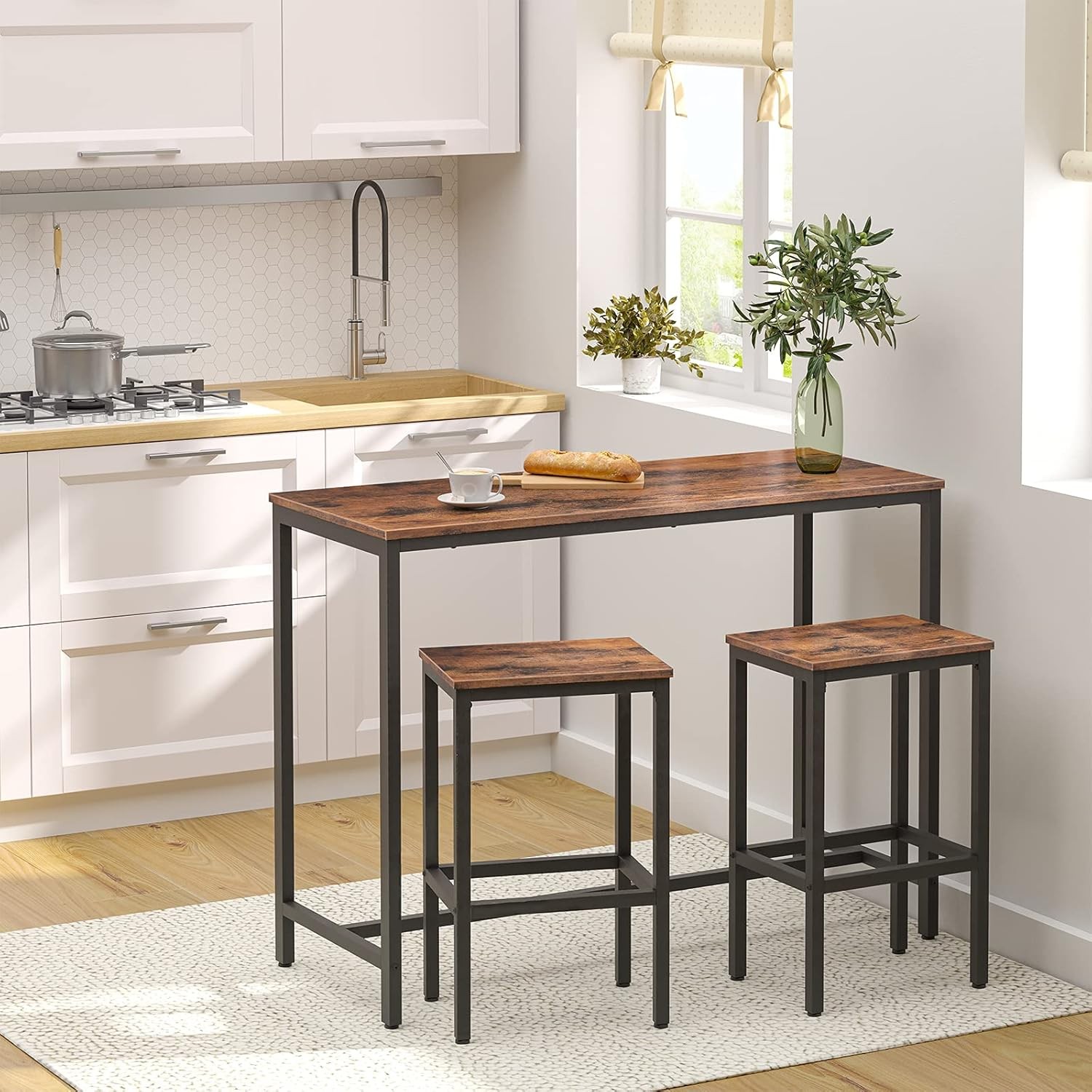 Bar Table & Chairs Set 47.2” Rectangular Pub Table W/ 2 Stools Small Space High