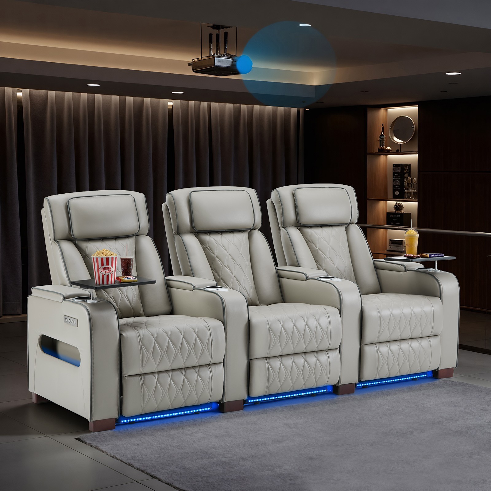 Home Theater Seating Power Recline Sofa With Powered Headrests, Table