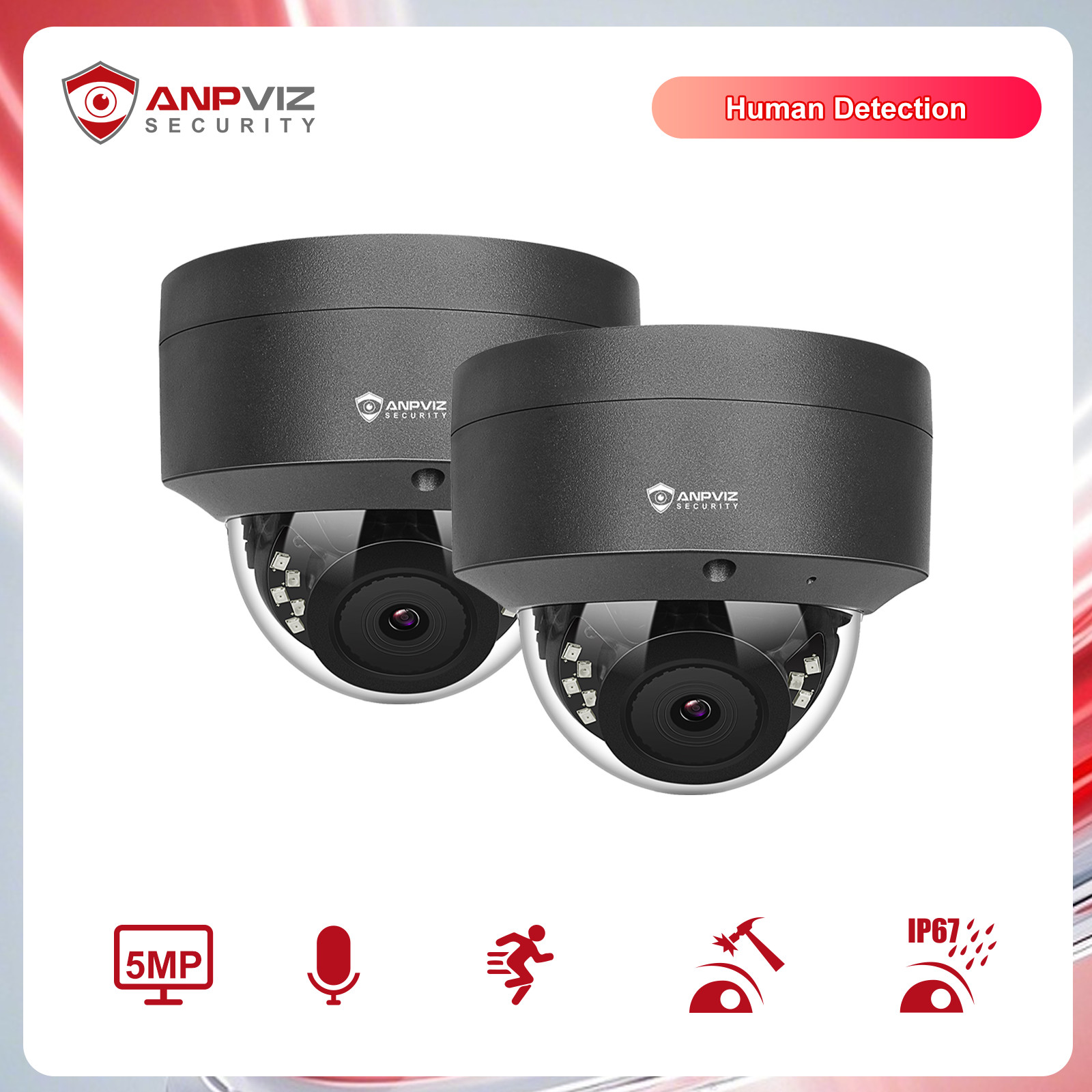 Anpviz 2PCs 5MP Outdoor Vandal Dome PoE IP Camera, Human Detection, w/Audio,NDAA
