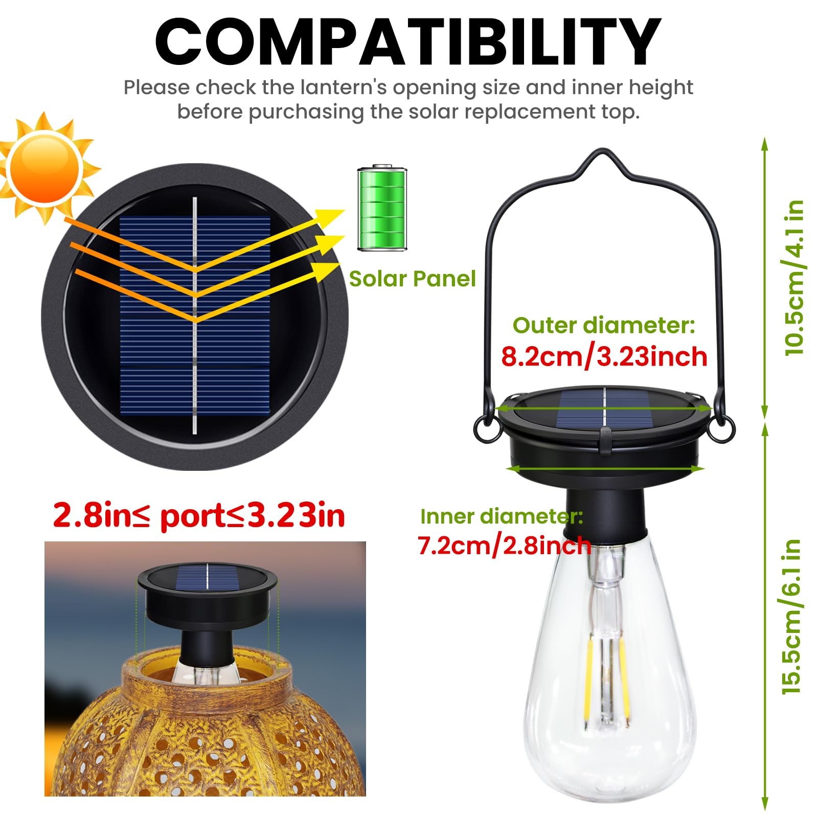 2 Pack Solar Hanging Lights Replacement Top（Top Size 3.23 inch） Solar Lantern...