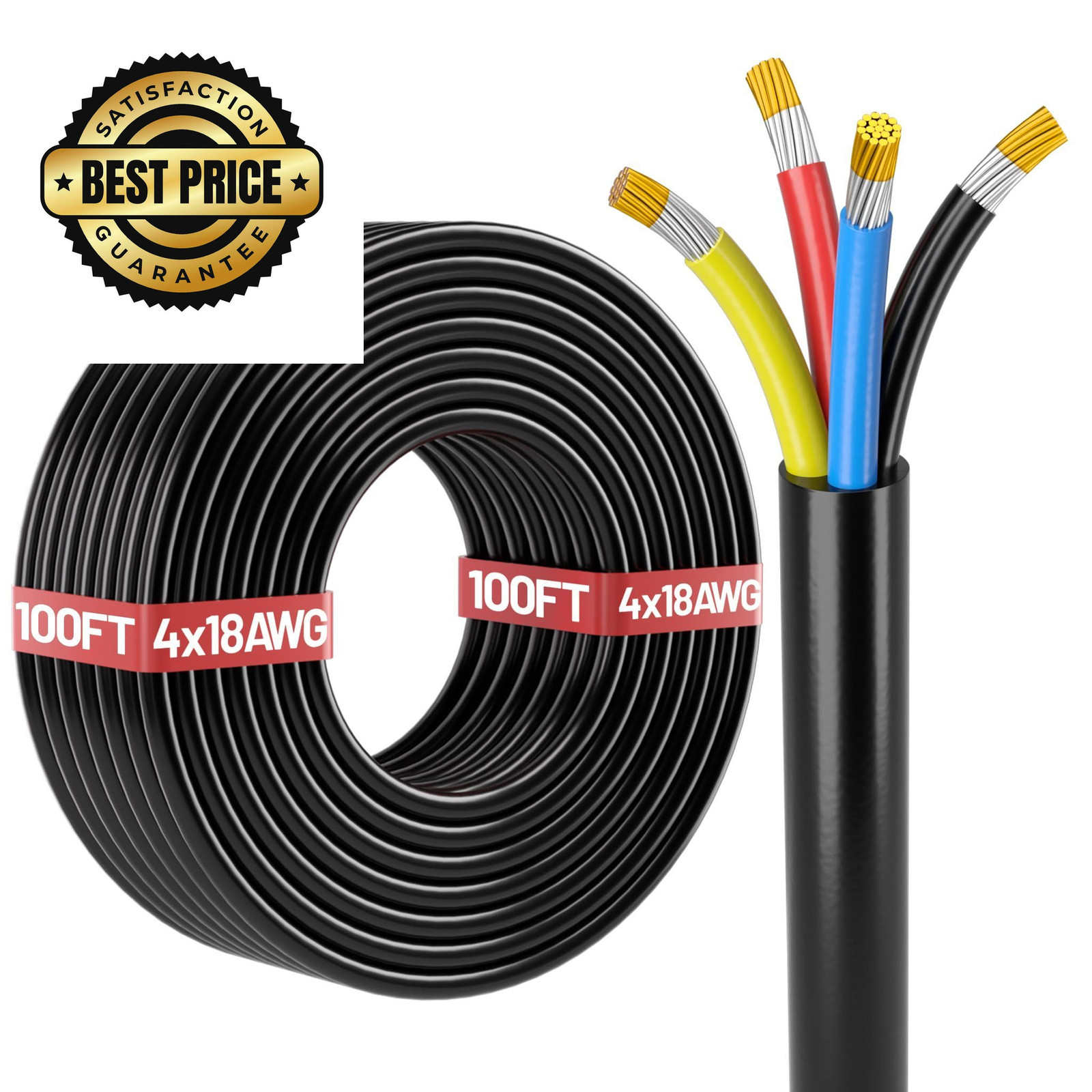 Energeaster 100FT 18 Gauge Wire,Automotive Wire,4 Conductor 100FT, Black