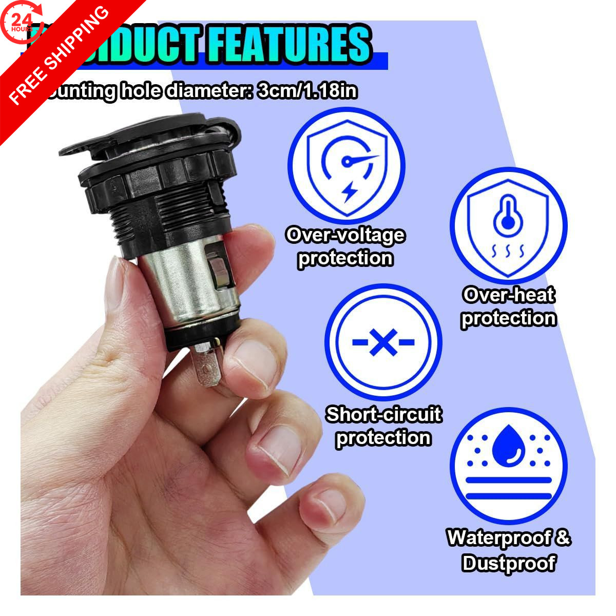 Cigarette Lighter Socket, DC 12V Car Power Outlet Socket Replacement, 1PC