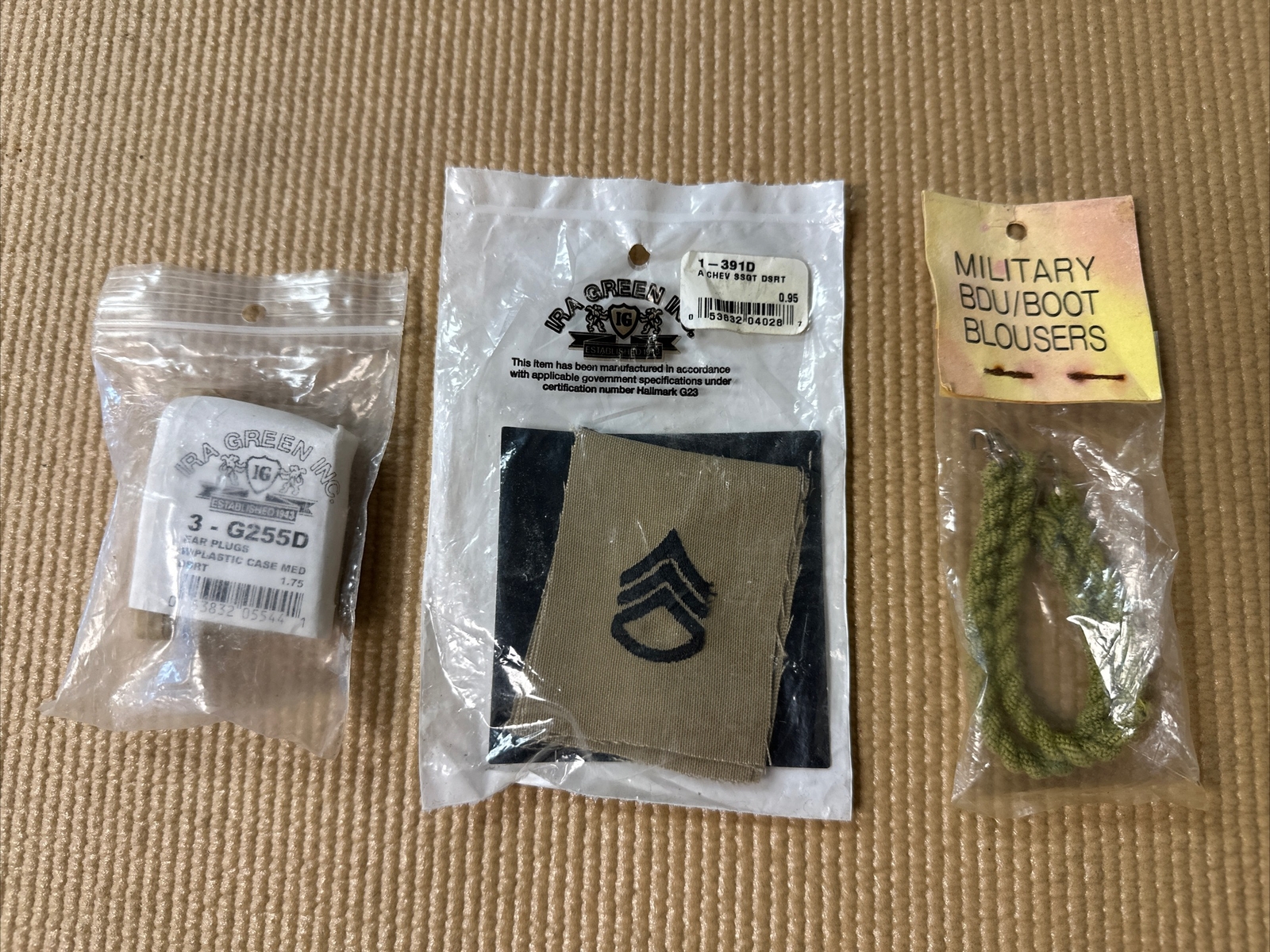 STAFF SERGEANT E-6 SEW ON RANK TAN EAR PLUG CASE BOOT BLOUSERS
