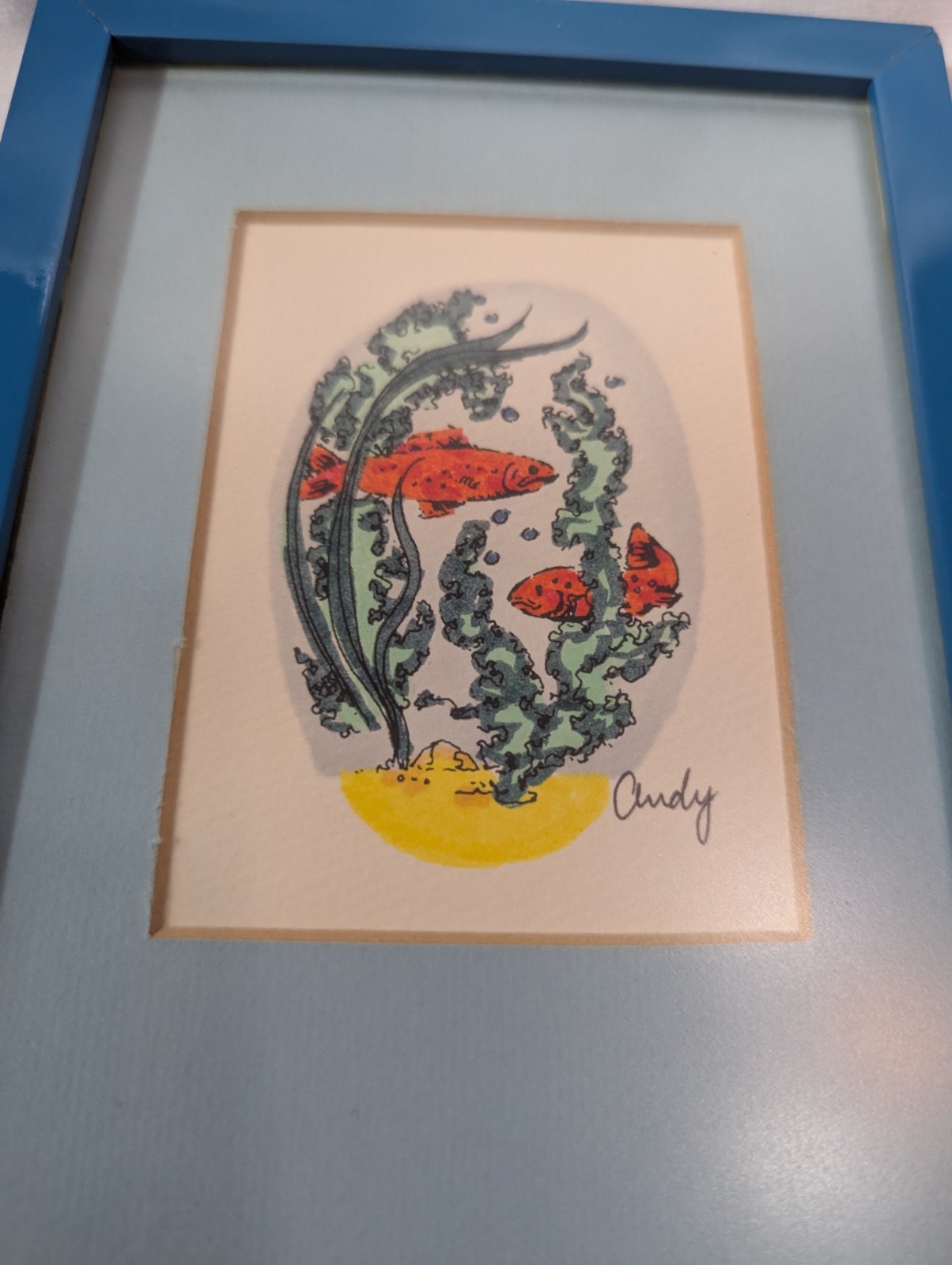 Framed handmade fish drawing - please read