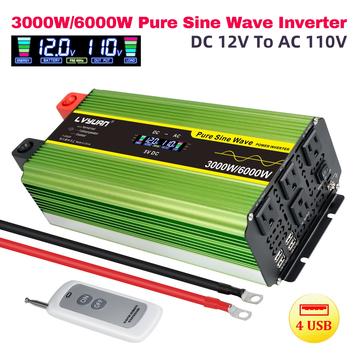 3000W Pure Sine Wave Inverter 12V to 110V 6000W Peak LCD Remote Control RV Home