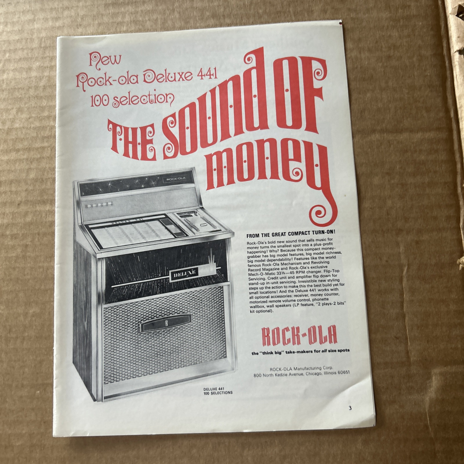 ORIGINAL  Ad Jukebox Rock-ola Deluxe 441 1969 11 By8" ARCADE GAME FLYER