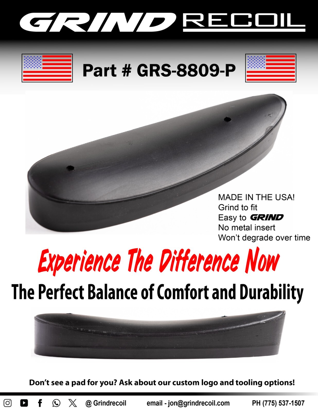 Grind to fit recoil pad, No metal insert, Black, Made in the USA! GRS-8809-P