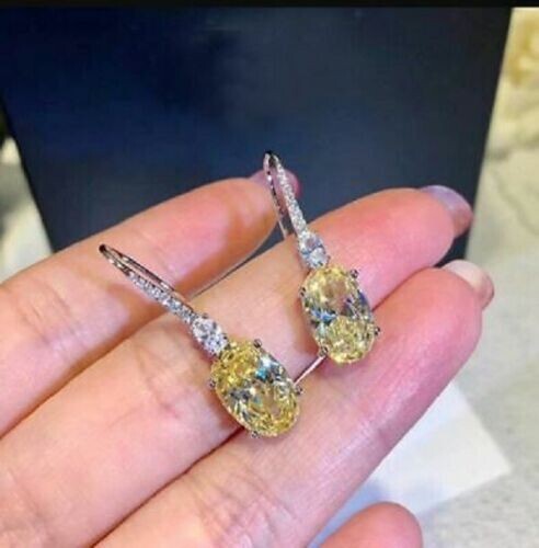 4Ct Oval Cut Yellow Citrine Drop & Dangle Earrings Solid 18K White Gold Finish