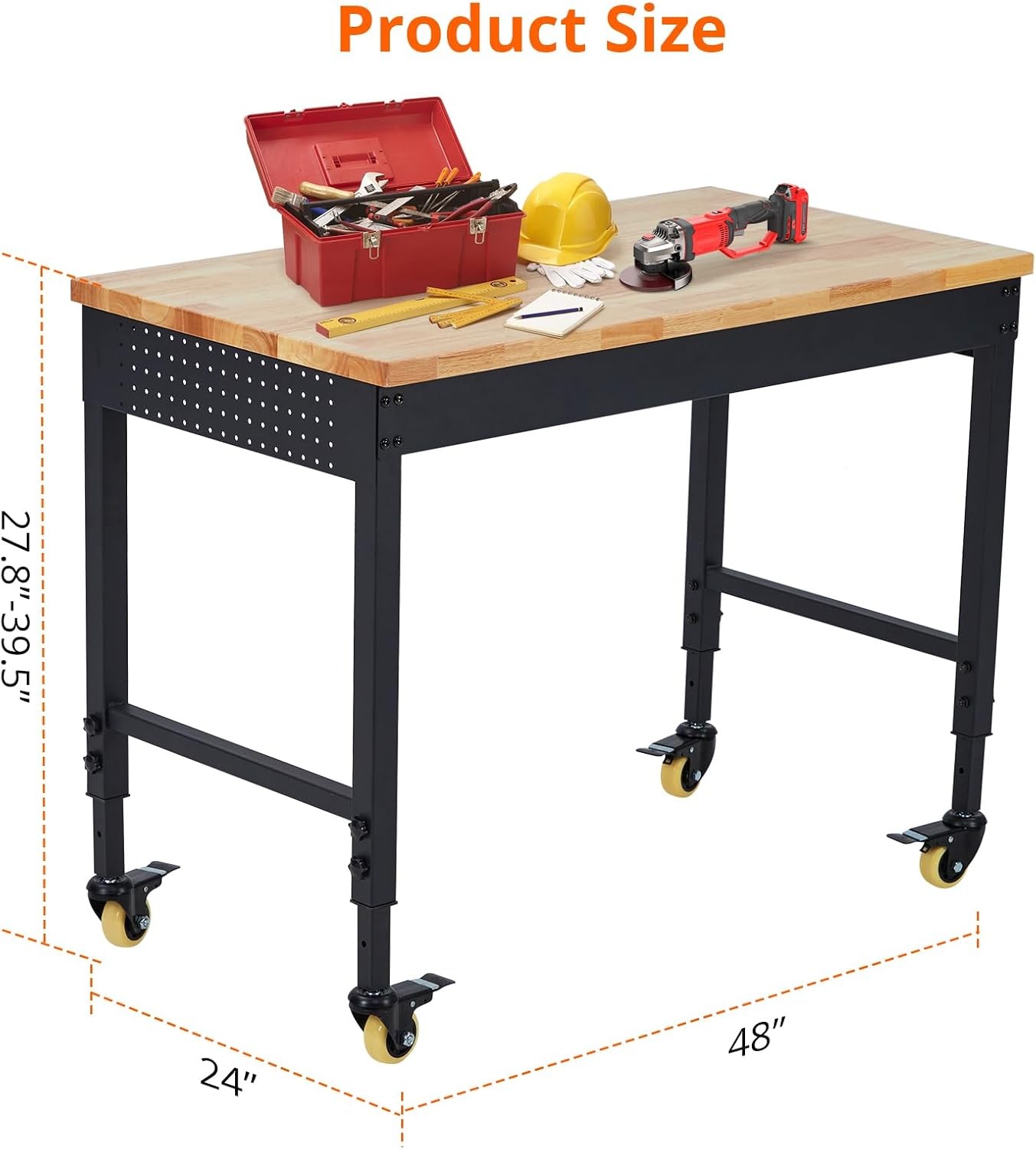 48"x24" Adjustable Height Workbench, Rubber Wood Tabletop Work Table with Wheels