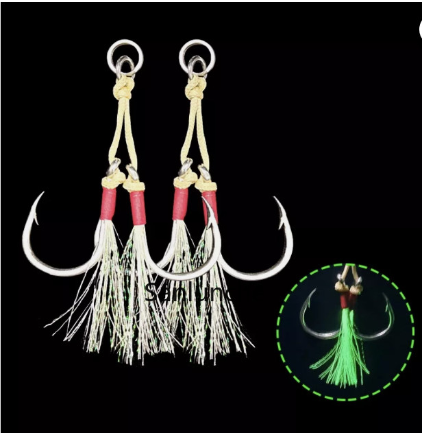 4Pair Luminous Double Assist Hooks Jig Hook Saltwater Fishing Hook 1/0#-5/0#