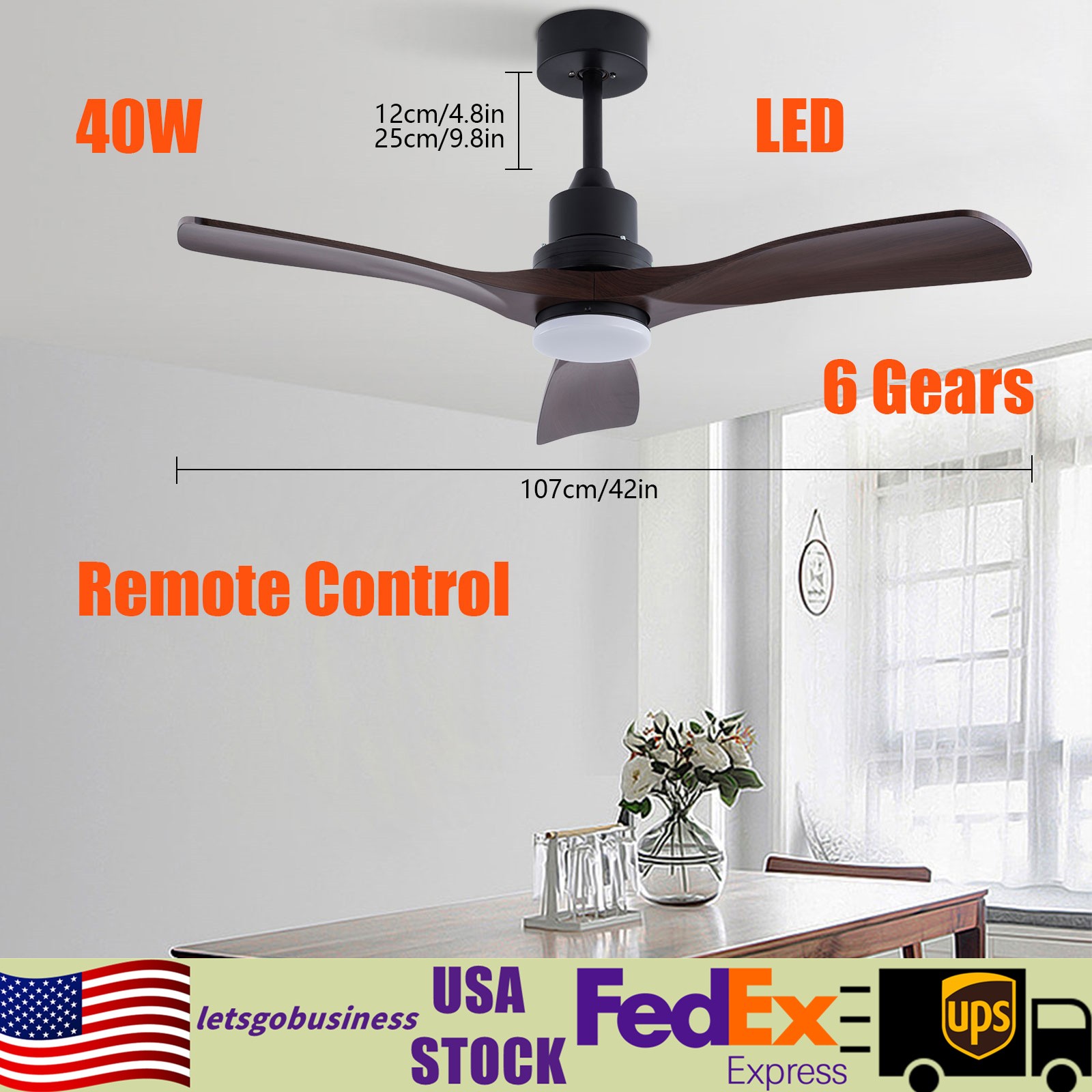 42'' Ceiling Fan Light W Remote Control&Timer Function3 Blade Fan Ceiling Mount