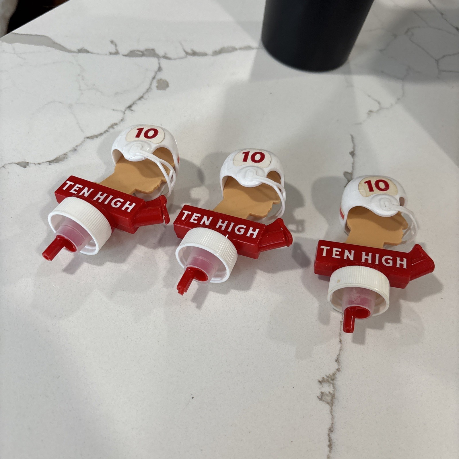 3 Vintage Ten High Bourbon Whiskey Shot Pouring Football Player Bottle Toppers