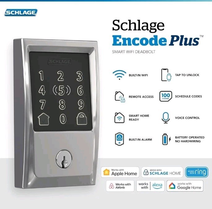 Schlage Encode Plus WiFi DeadboltSmartLock with Apple Home Key BE499WB CEN 619