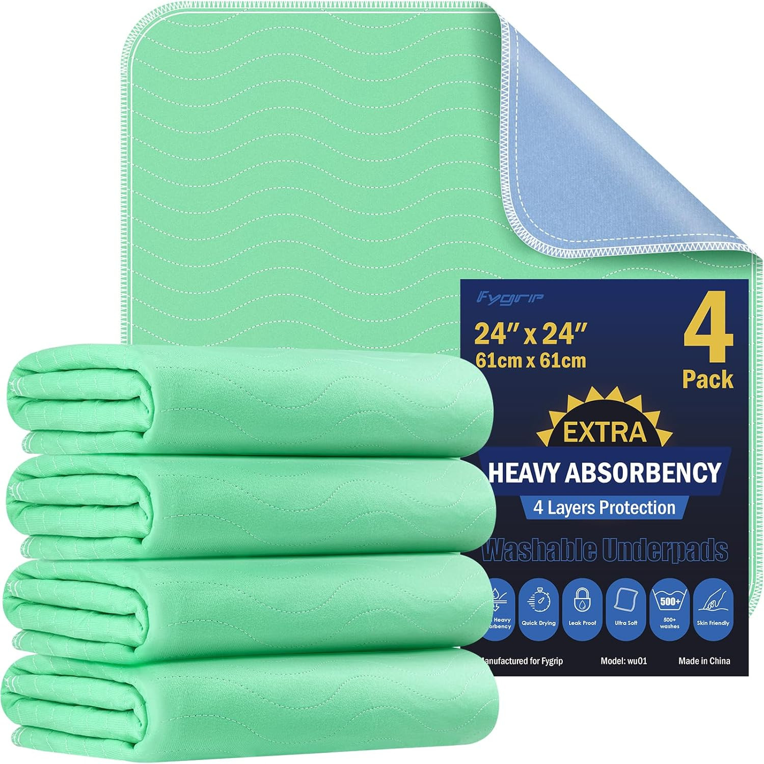 4 Pack 24” X 24” Extra Heavy Absorbency Washable Underpads, Waterproof Nursing P