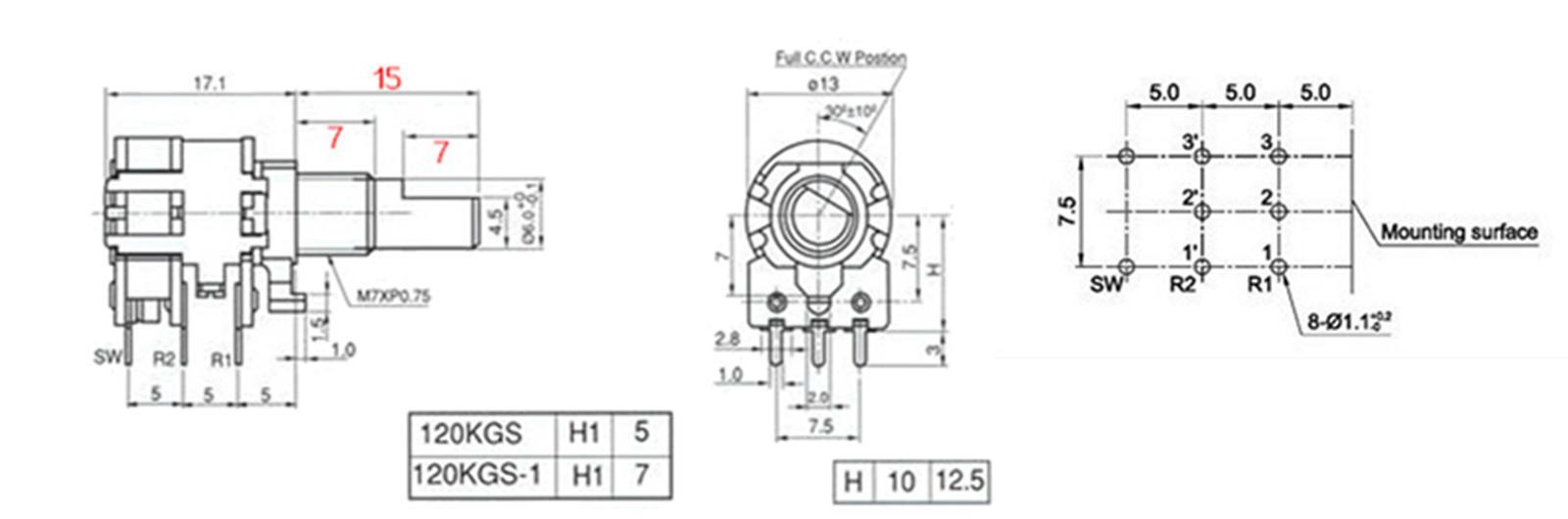 10Pcs H120 A50K Double Potentiometer 15MM with Switch