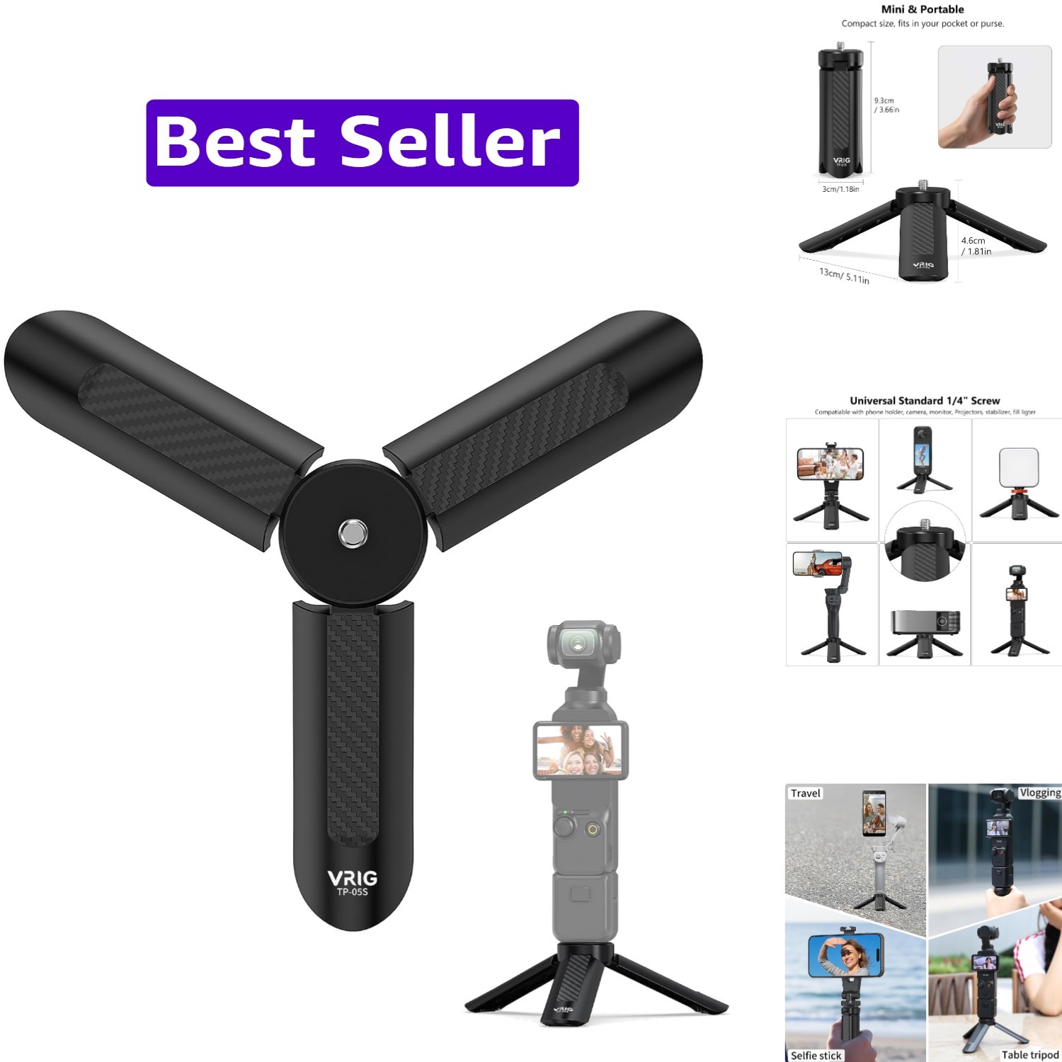 VRIG TP05S Mini Tripod for DJI OSMO Pocket4 & Pocket3,Portable Pocket Stand D...
