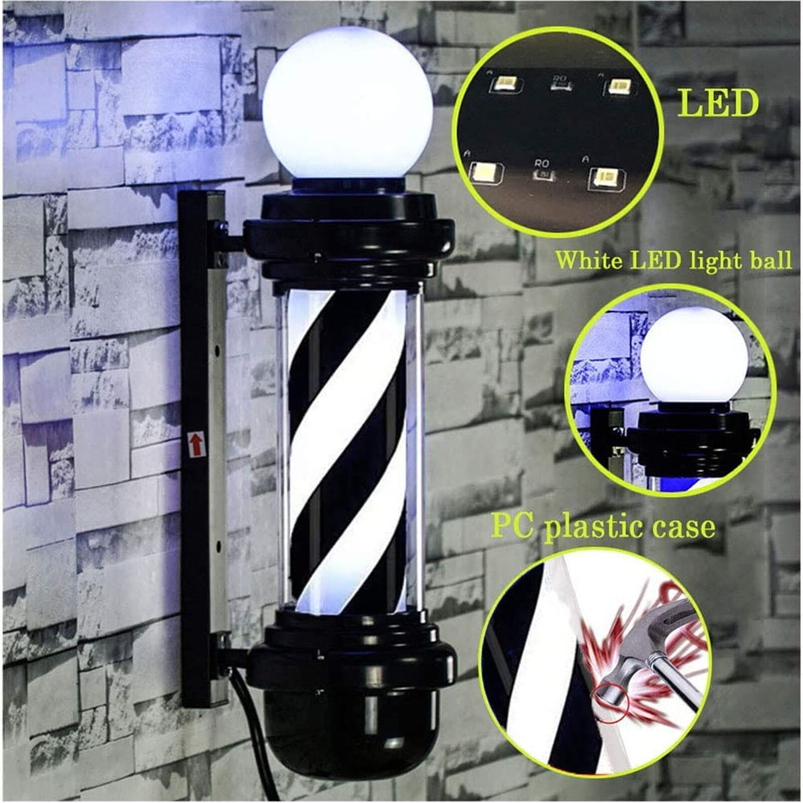 Barber Pole Red Blue White Black Stripes LED light Outdoor Rotating Wall Lamp US