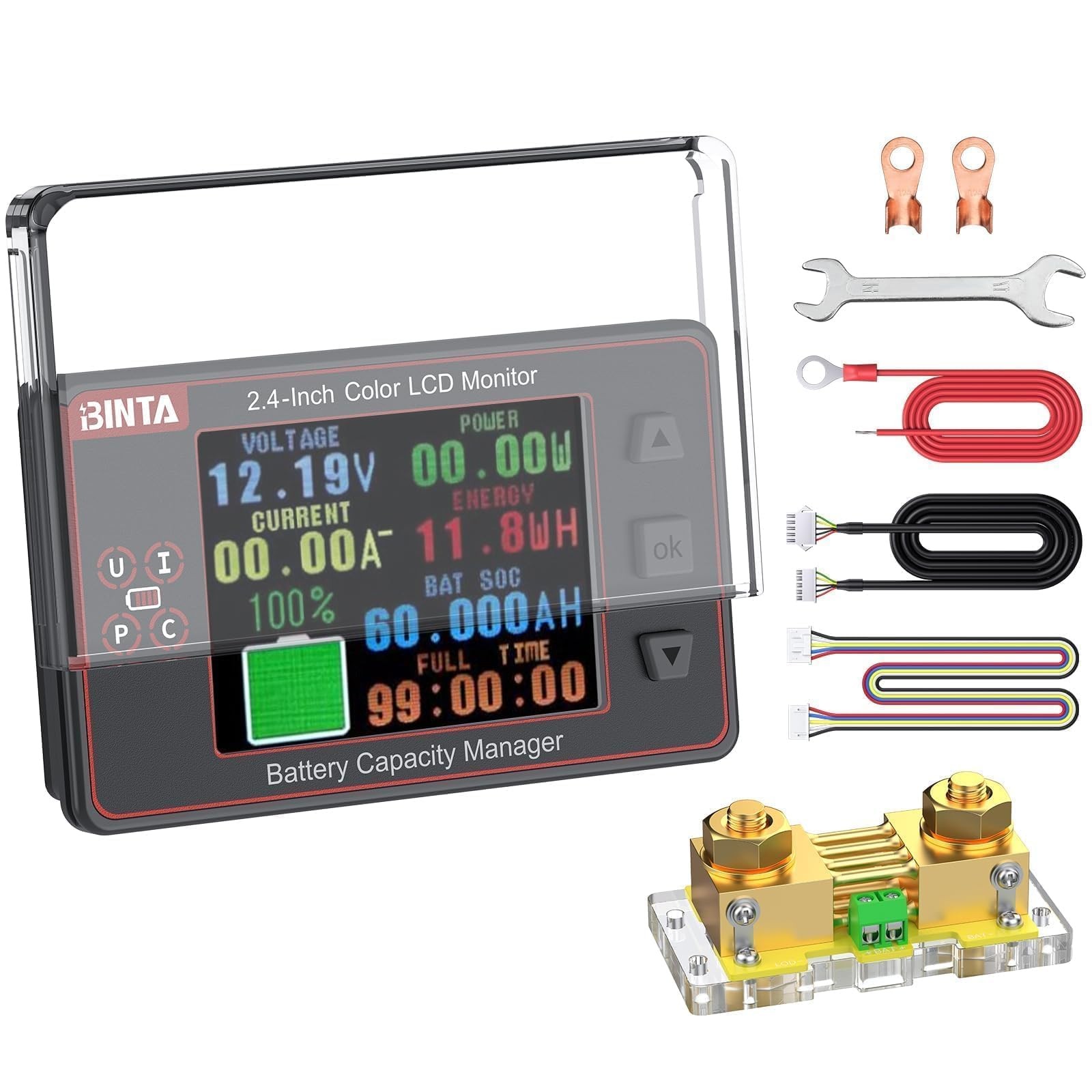 500A Battery Monitor Shunt 8-100V 2.4 Inch Color Screen for Lifepo4 Lithium S...