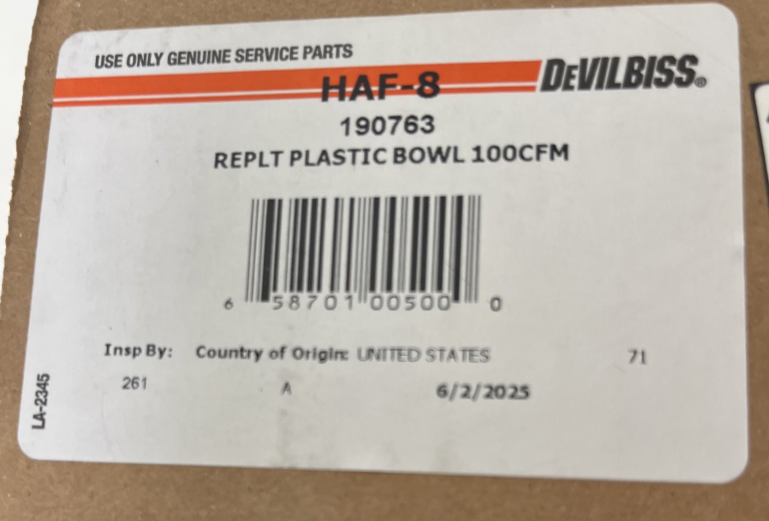 DeVilbiss 190763 Coalescing Filter Bowl, HAF-8 Plastic Bowl, 100 CFM