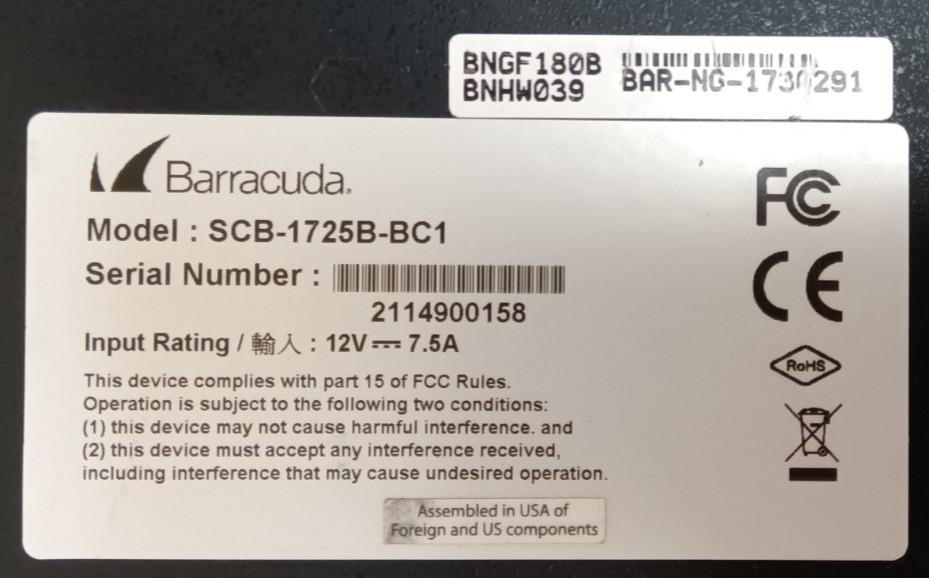 Barracuda SCB-1725B-BC1 CloudGen Firewall Network Security Appliance | Tested
